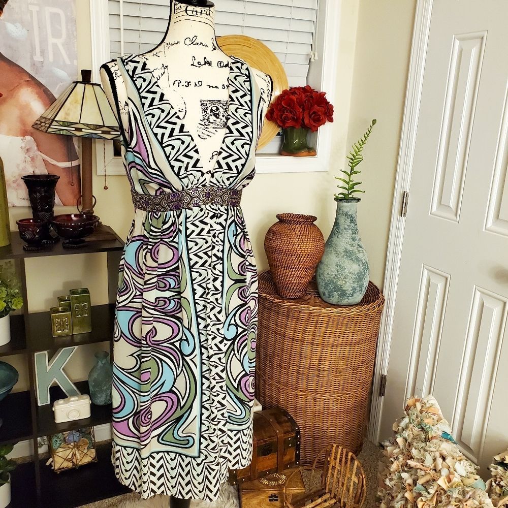 Vintage Nicole Miller Boho Abstract Midi Dress Sz 8